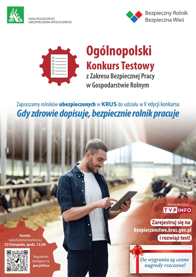 Biało-czerwony plakat informujący o konkursie, na grafice widoczny jest uśmiechnięty mężczyzna z tabletem w dłoni.