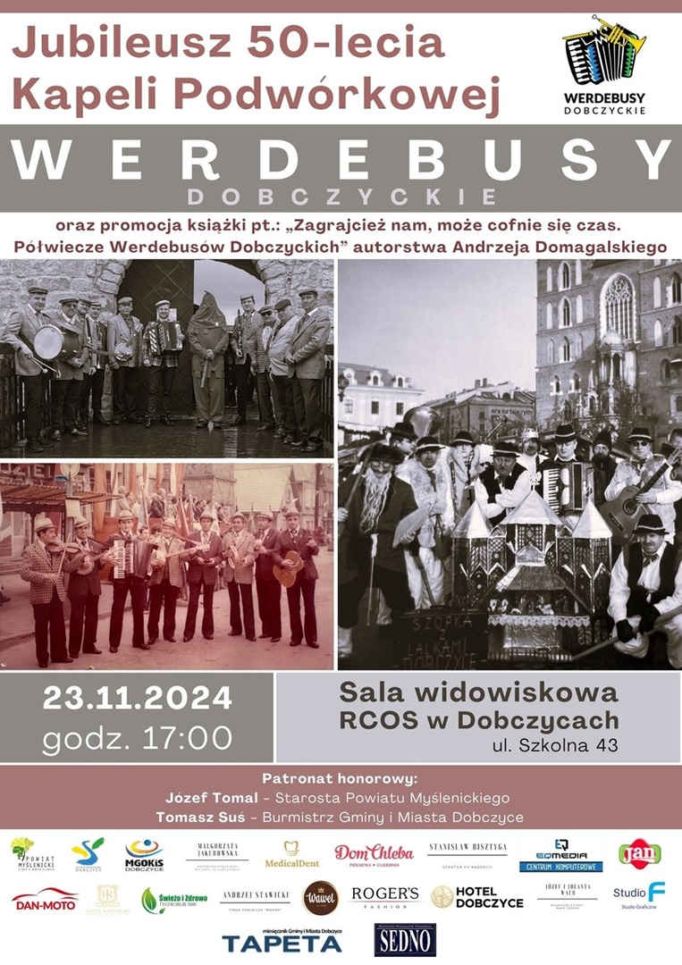 Plakat jubileuszu 50-lecia Kapeli Werdebusy Dobczyckie z archiwalnymi zdjęciami zespołu, datą wydarzenia (23.11.2024) i informacją o promocji książki.