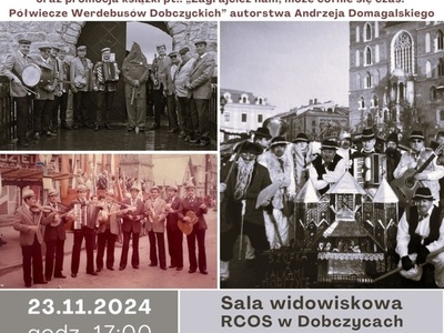 Plakat jubileuszu 50-lecia Kapeli Werdebusy Dobczyckie z archiwalnymi zdjęciami zespołu, datą wydarzenia (23.11.2024) i informacją o promocji książki.