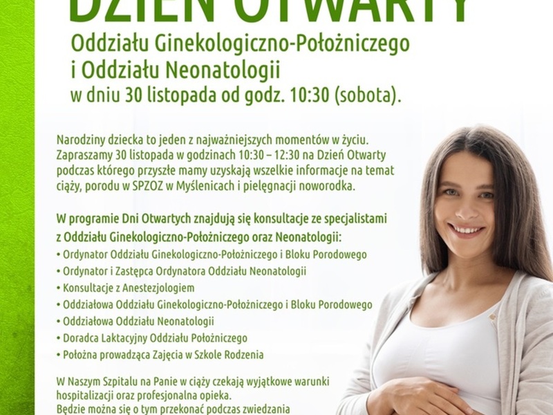Plakat o Dniu Otwartym Oddziałów Ginekologiczno-Położniczego i Neonatologii z programem, datą, godzinami i uśmiechniętą kobietą w ciąży po prawej.