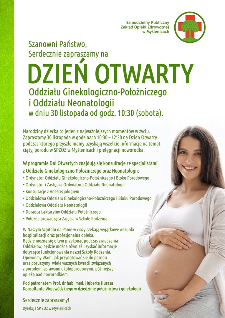 Plakat o Dniu Otwartym Oddziałów Ginekologiczno-Położniczego i Neonatologii z programem, datą, godzinami i uśmiechniętą kobietą w ciąży po prawej.