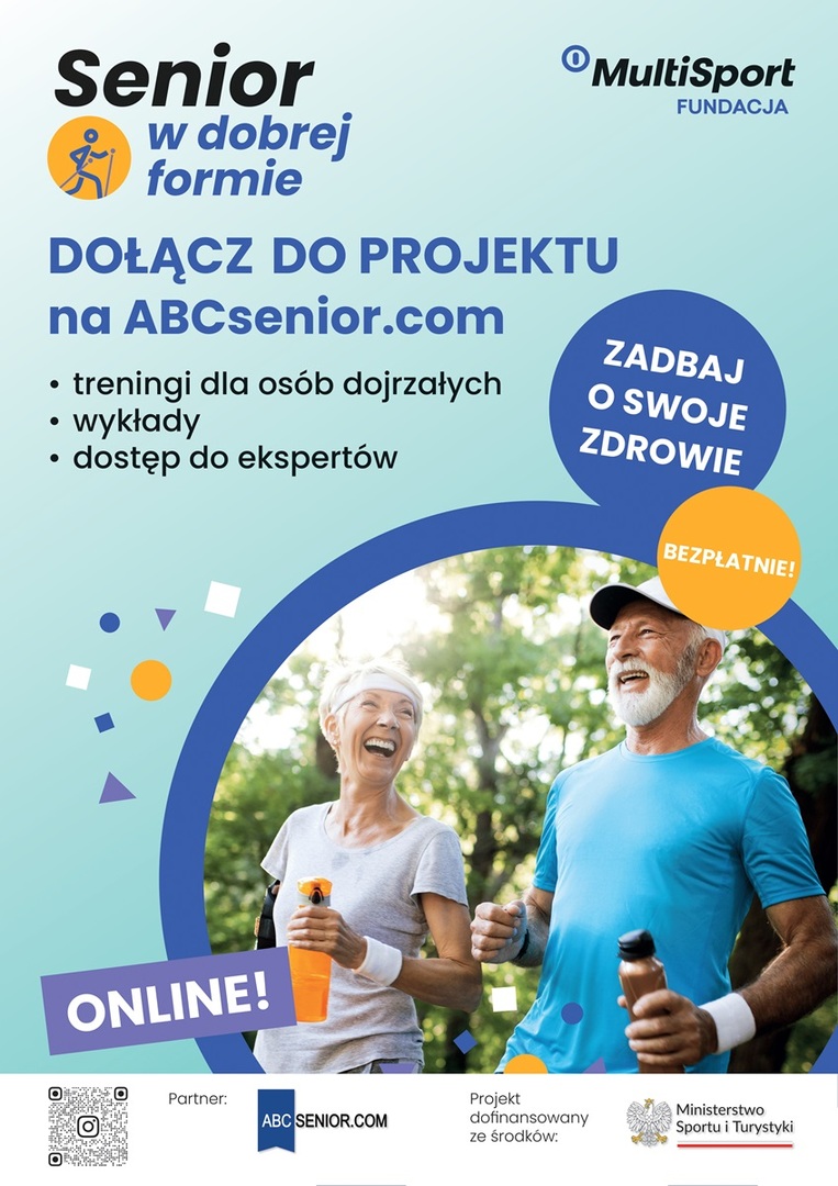 Niebieski plakat „Senior w dobrej formie” z parą seniorów na spacerze w parku, logo Organizatora i Partnerów akcji.