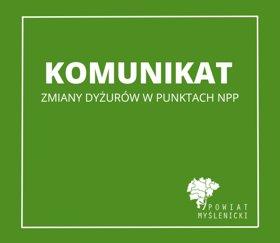 Zielona grafika informacyjna z logo Powiatu Myślenickiego
