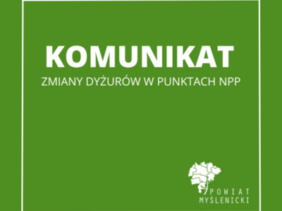Zielona grafika informacyjna z logo Powiatu Myślenickiego