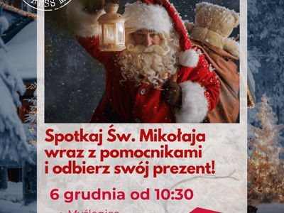 Świąteczny plakat w odcieniach czerwonego ze zdjęciem Św. Mikołaja oraz logo Powiatu Myślenickiego.