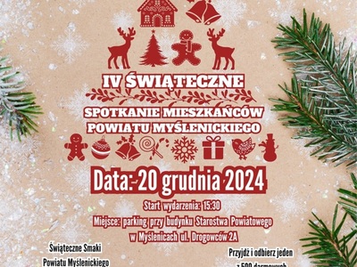 Beżowy plakat z choinką, czerwonymi i czarnymi napisami, promujący wydarzenie organizowane przez Starostwo Powiatowe w Myślenicach.