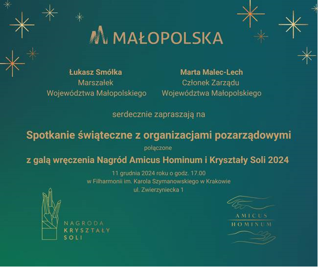 Zielony plakat ze złotymi elementami oraz napisami, promujący spotkanie świąteczne Zarządu Województwa Małopolskiego z NGO.
