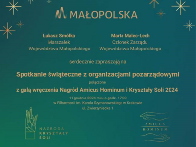 Zielony plakat ze złotymi elementami oraz napisami, promujący spotkanie świąteczne Zarządu Województwa Małopolskiego z NGO.