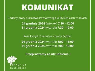Zielony plakat informacyjny z logo Powiatu Myślenickiego.