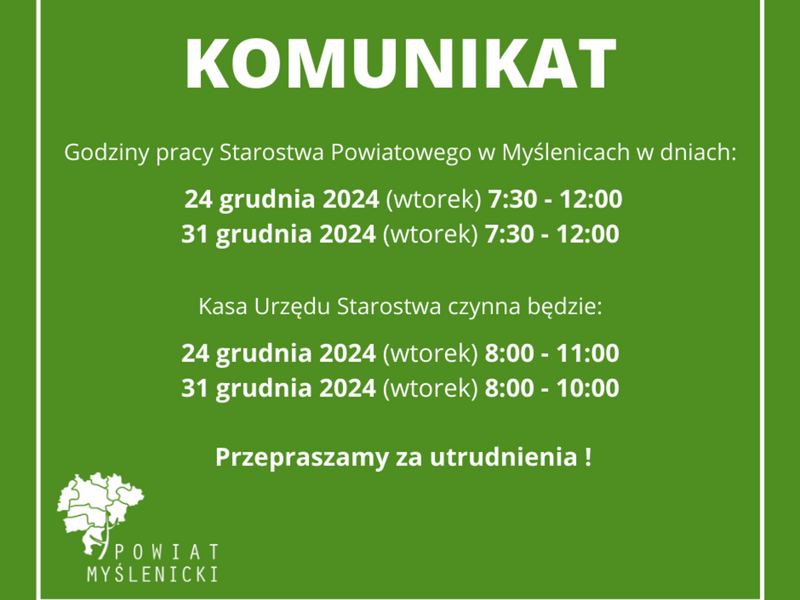 Zielony plakat informacyjny z logo Powiatu Myślenickiego.