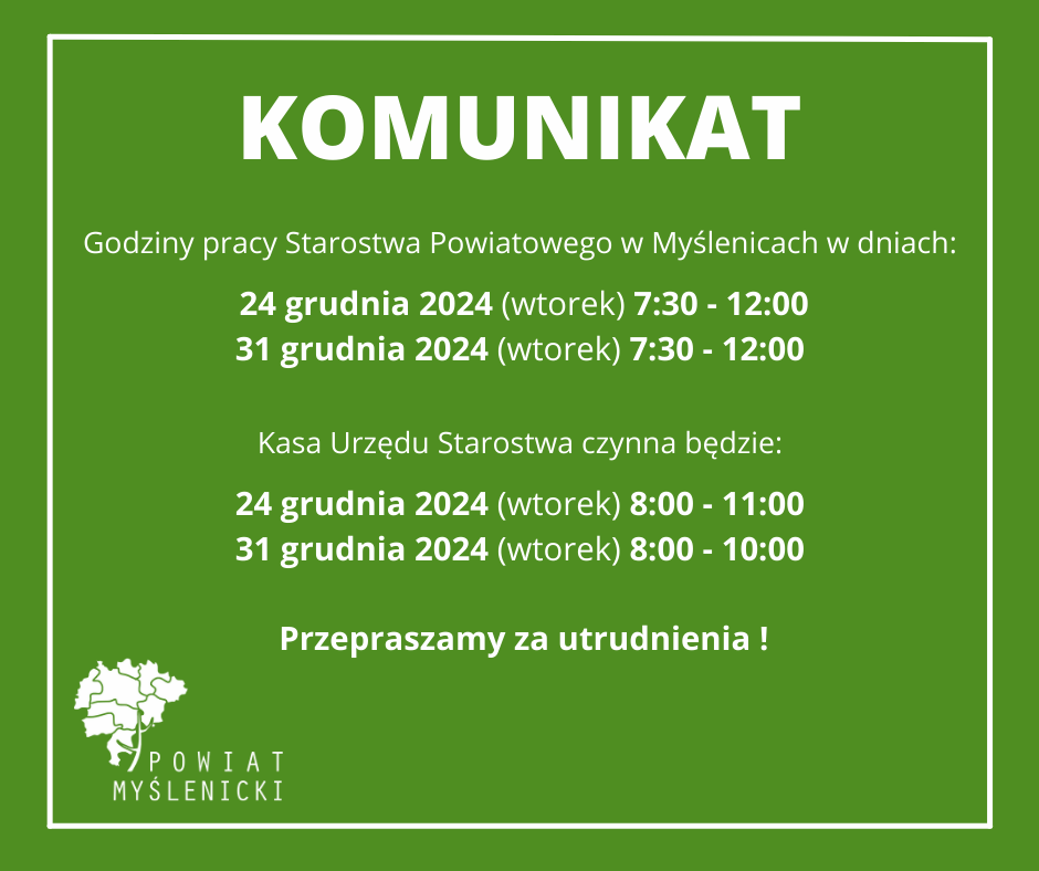 Zielony plakat informacyjny z logo Powiatu Myślenickiego.