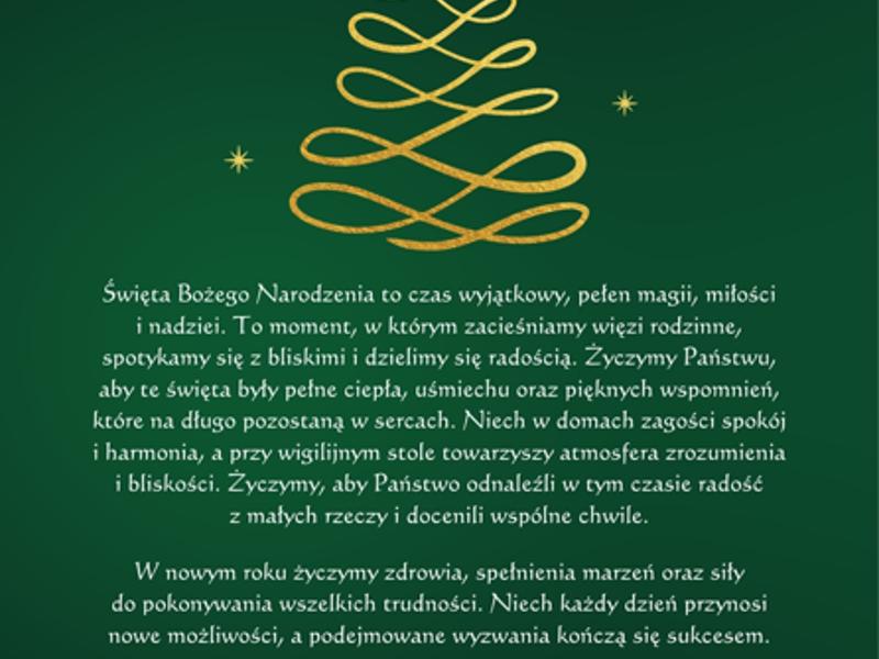 Grafika z ciemnozielonym tłem i białym tekstem życzeń świątecznych