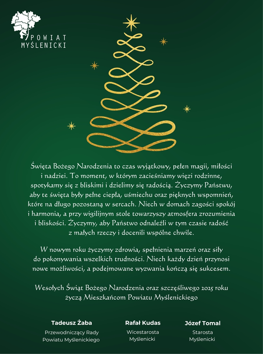 Grafika z ciemnozielonym tłem i białym tekstem życzeń świątecznych