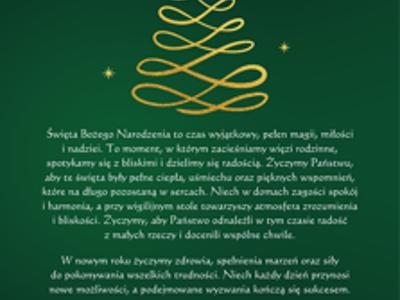 Grafika z ciemnozielonym tłem i białym tekstem życzeń świątecznych