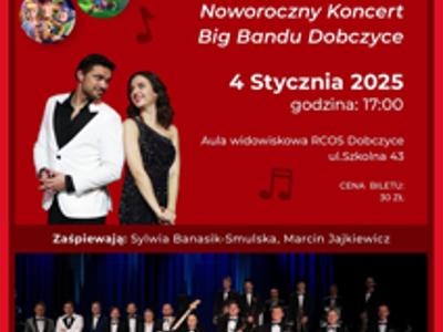 Plakat promujący wydarzenie z czerwonym tłem, zdjęciem Sylwii Banasik-Smulskiej i Marcina Jajkiewicza oraz Big Bandu Dobczyce