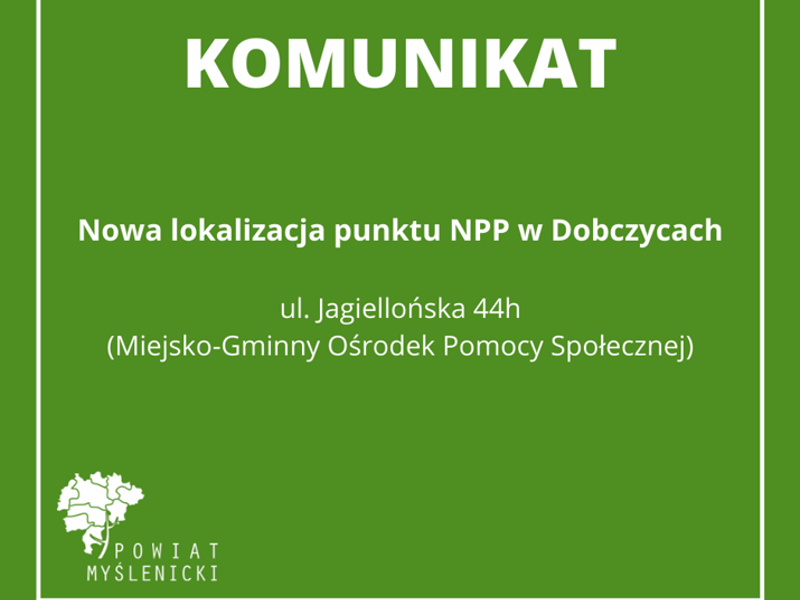 Grafika z komunikatem na zielonym tle z logo Powiatu Myślenickiego.