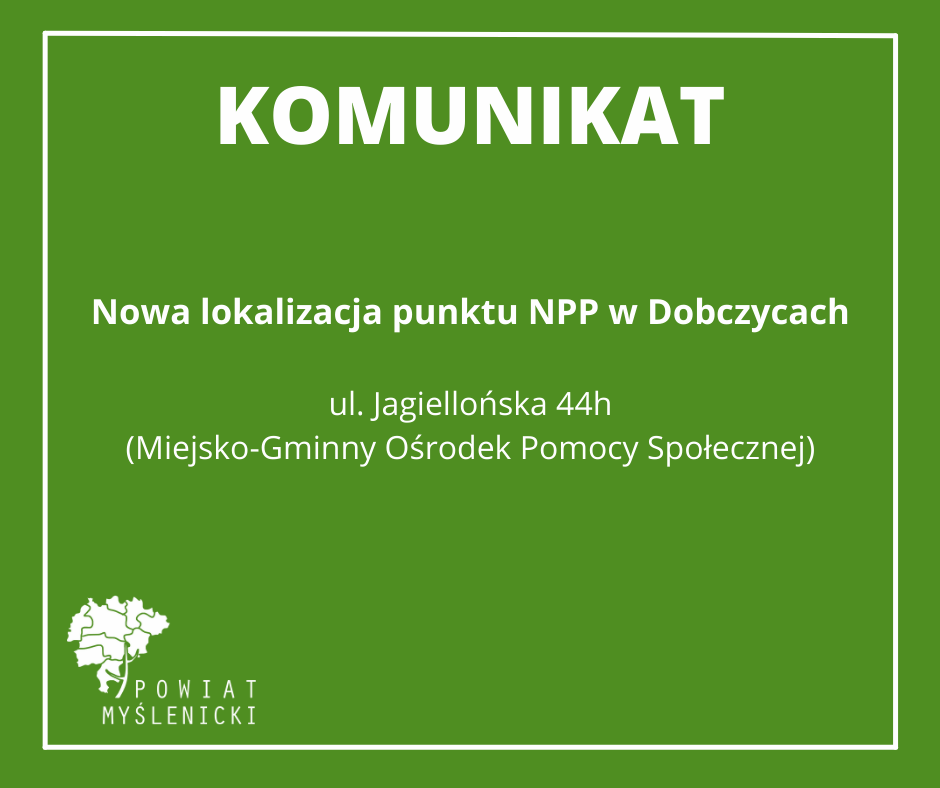 Grafika z komunikatem na zielonym tle z logo Powiatu Myślenickiego. 