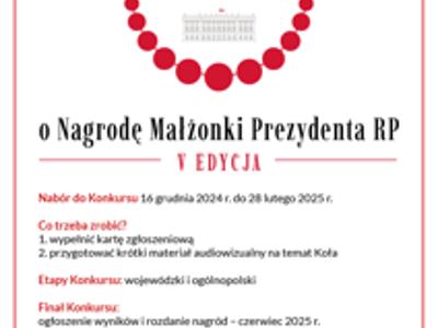 Plakat z białym tłem, czerwonymi i czarnymi elementami oraz tekstem promującym konkurs