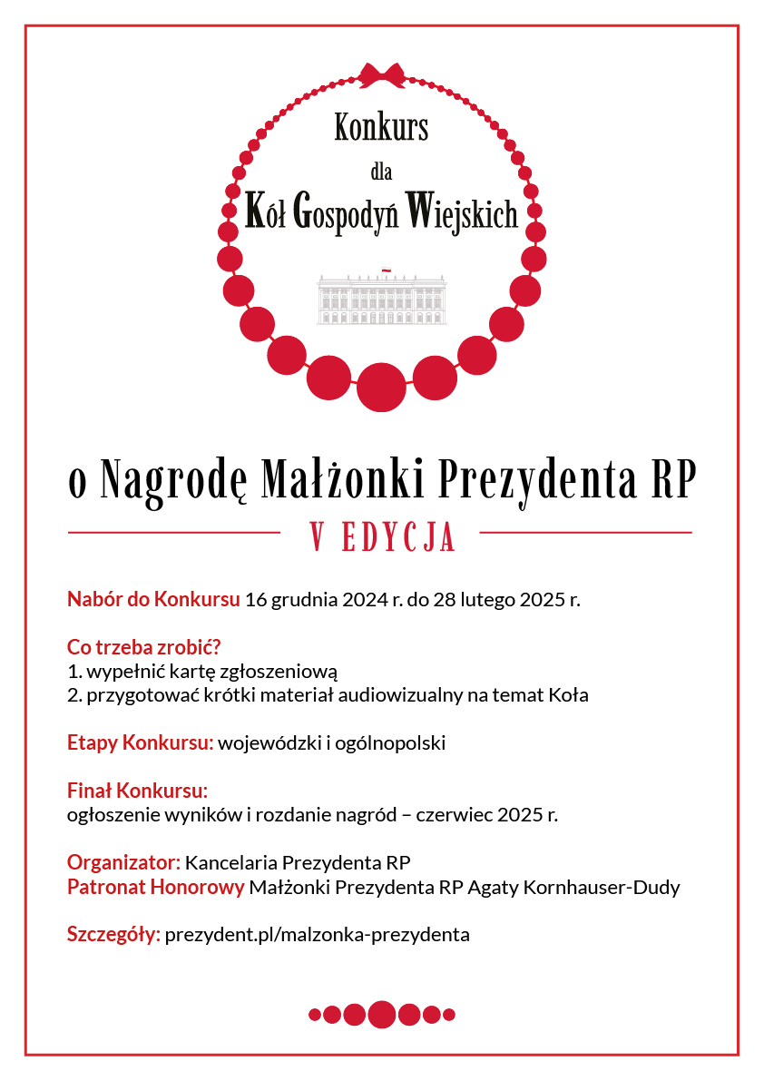 Plakat z białym tłem, czerwonymi i czarnymi elementami oraz tekstem promującym konkurs