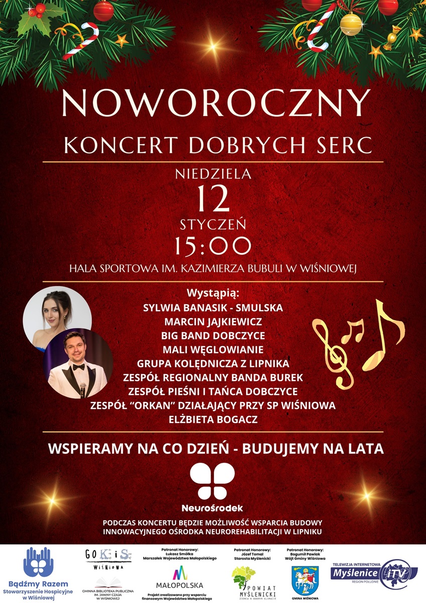Czerwona grafika z zielonymi gałązkami i złotymi nutami. Informacja o Noworocznym Koncercie Dobrych Serc, 12.01.2025, godz. 15:00, hala w Wiśniowej.