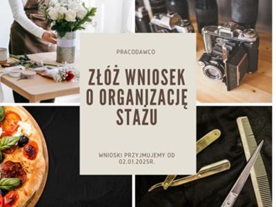 Mozaika zdjęć: florystyka z białymi różami, aparat na drewnianym stole, pizza z warzywami, nożyczki z grzebieniem. Środek: "Złóż wniosek o staż".