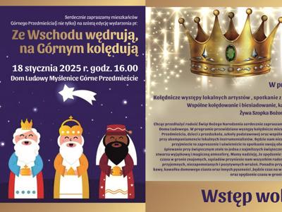 Plakat z beżowo-granatowym tłem, z rysunkiem prezentującym Trzech Króli oraz koronę, a także logo organizatorów i partnerów wydarzenia.