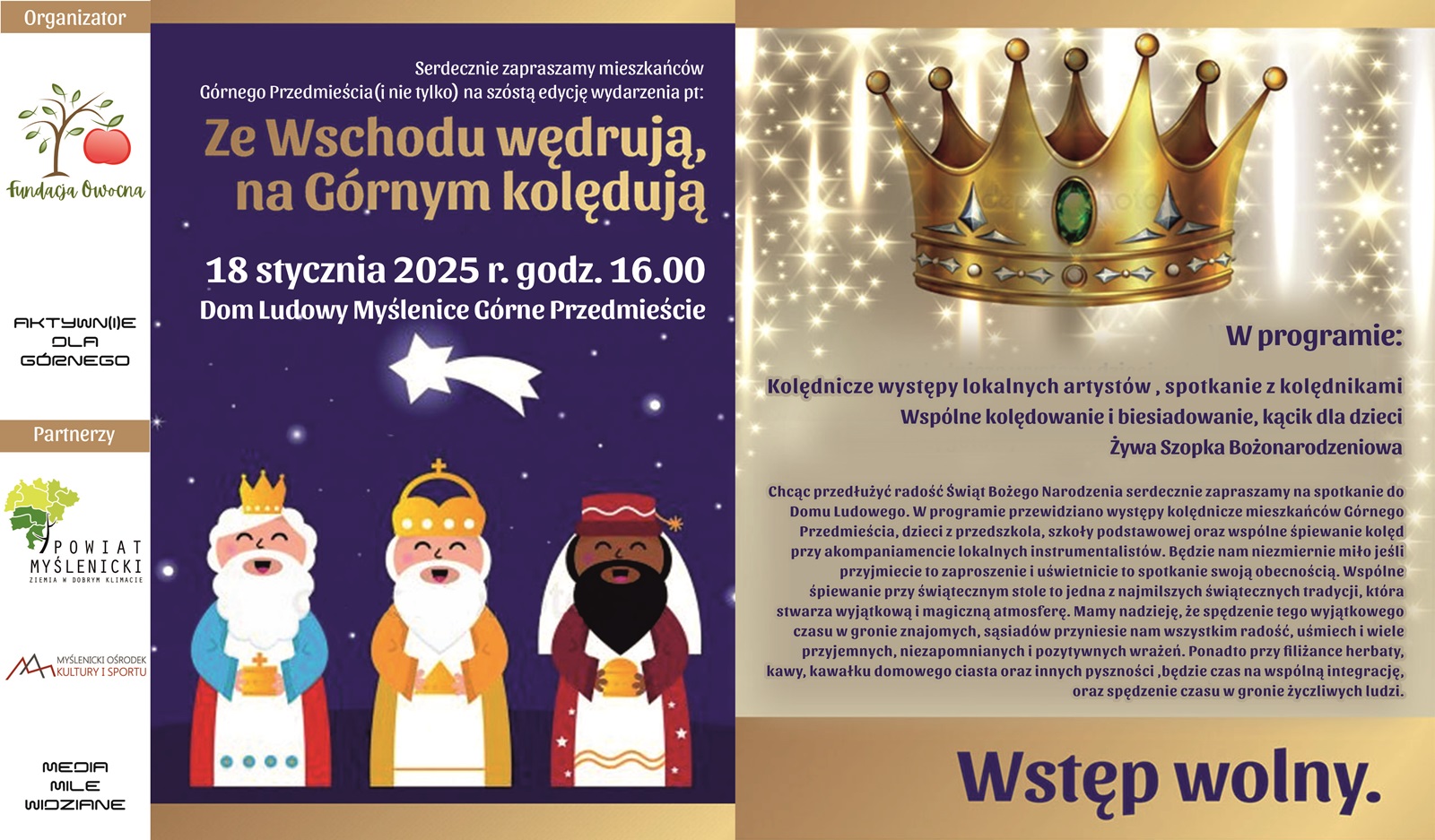 Plakat z beżowo-granatowym tłem, z rysunkiem prezentującym Trzech Króli oraz koronę, a także logo organizatorów i partnerów wydarzenia.