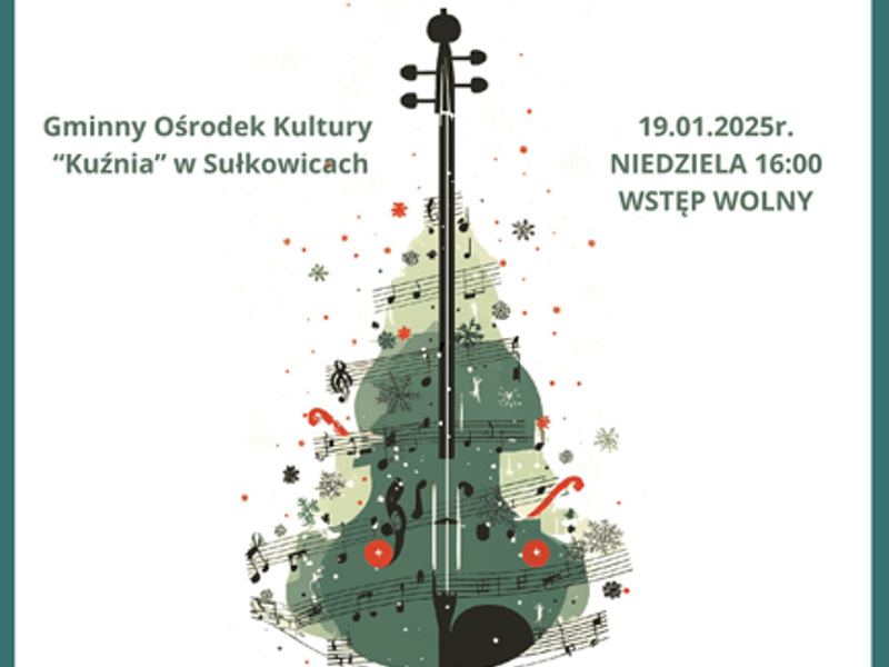 Grafika w odcieniach zielonego, z wiolonczelą w centralnym punkcie plakatu oraz logo organizatorów i partnerów wydarzenia