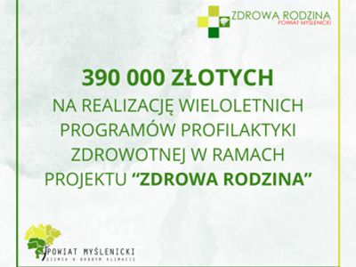 Grafika w odcieniach zielonego, z logo Powiatu Myślenickiego oraz projektu "Zdrowa Rodzina"