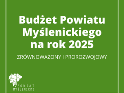Grafika z zielonym tłem i logo Powiatu Myślenickiego oraz białym napisem