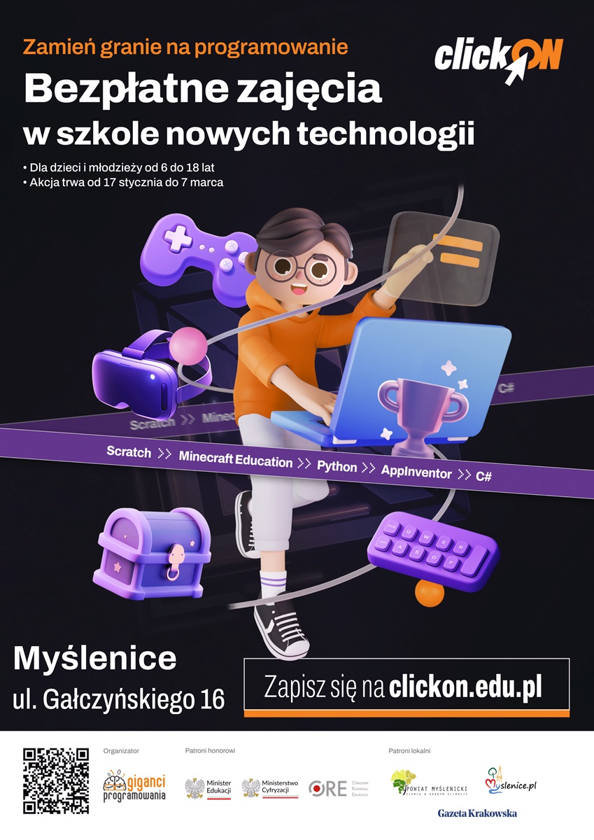 Grafika z animowaną postacią oraz z logo Powiatu Myślenickiego w stopce plakatu