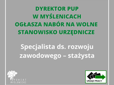 Grafika z szarym tłem informująca o naborze na wolne stanowisko w PUP Myślenice.