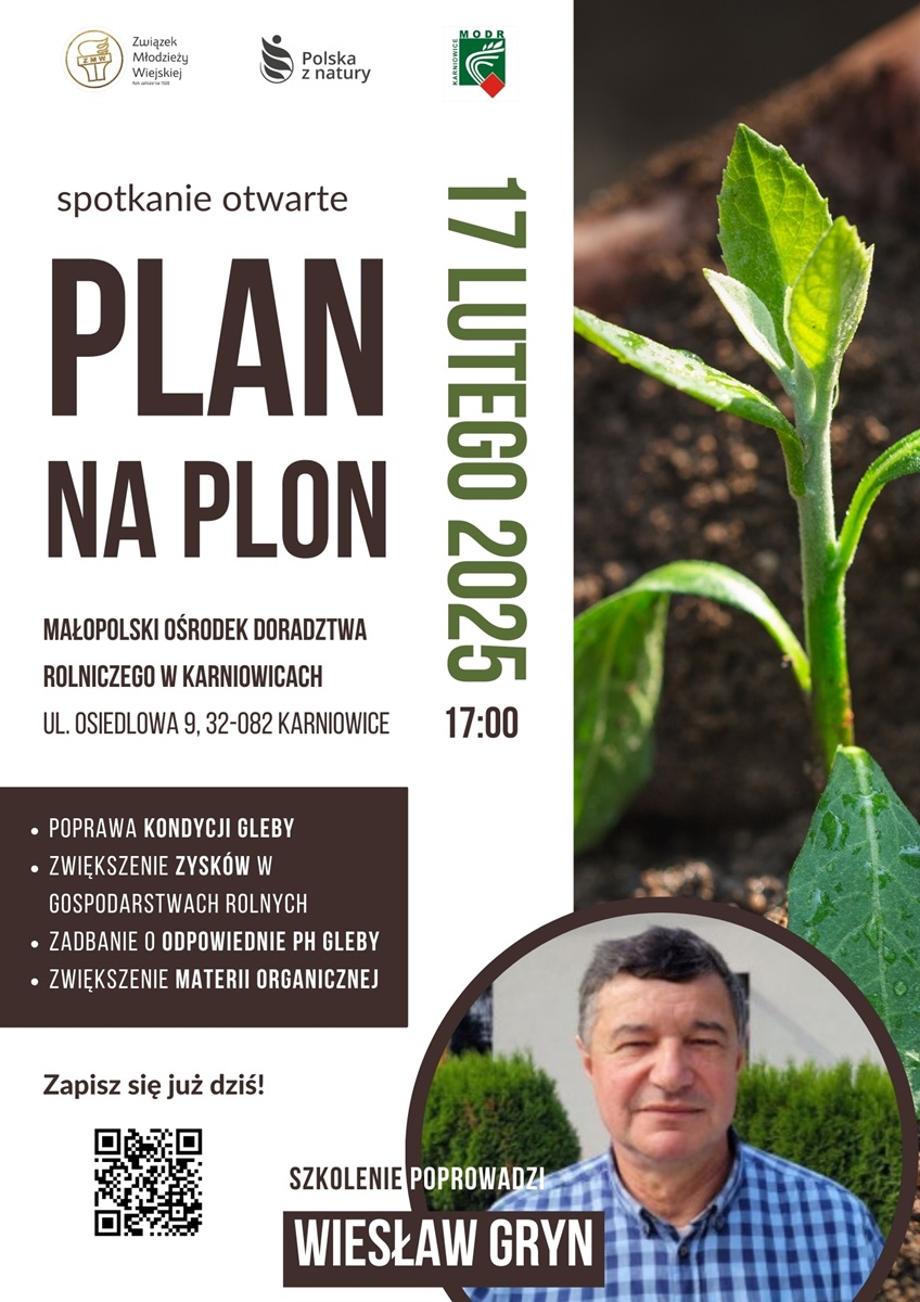 Plakat informacyjny, zawierający logo partnerów wydarzenia z kodem QR do zapisów