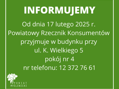 Grafika informująca na zielonym tle, widoczne logo Powiatu Myślenickiego.