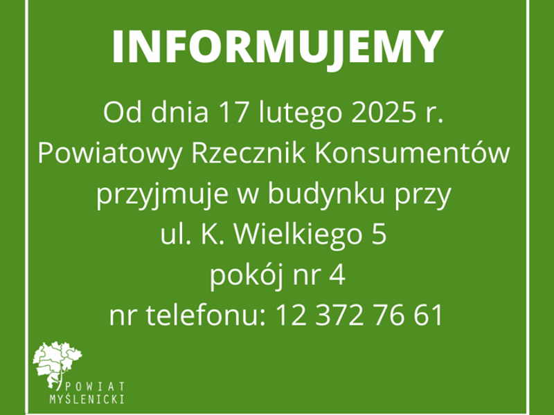 Grafika informująca na zielonym tle, widoczne logo Powiatu Myślenickiego.