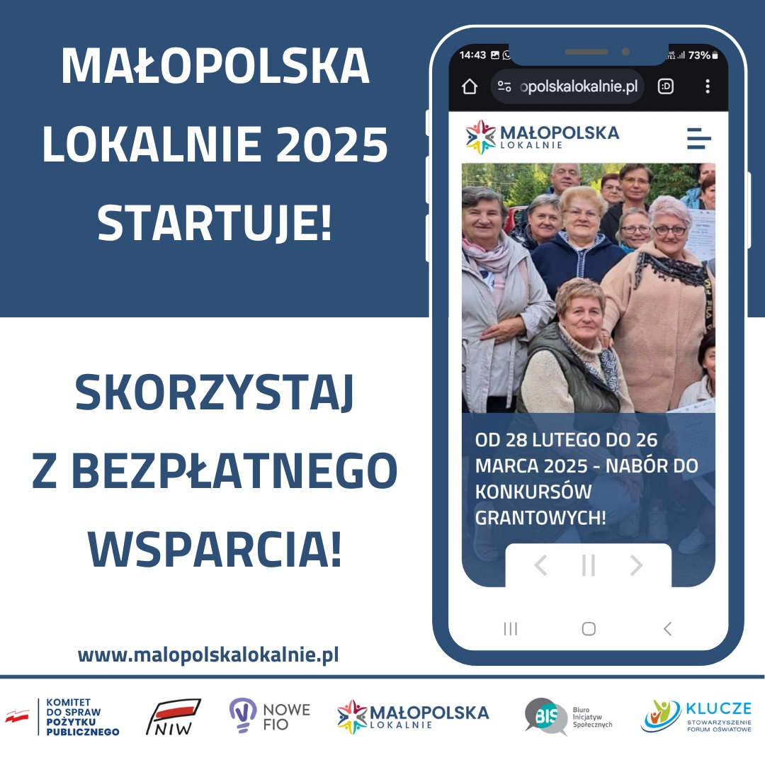Plakat informujący o programie Małopolska Lokalnie 2025. Niebiesko-biała kolorystyka, grafika telefonu, termin naboru grantów, logotypy organizatorów.