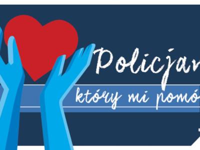 Granatowy plakat z niebieskimi dłońmi trzymającymi czerwone serce, z tytułem konkursu oraz herbem Policji.