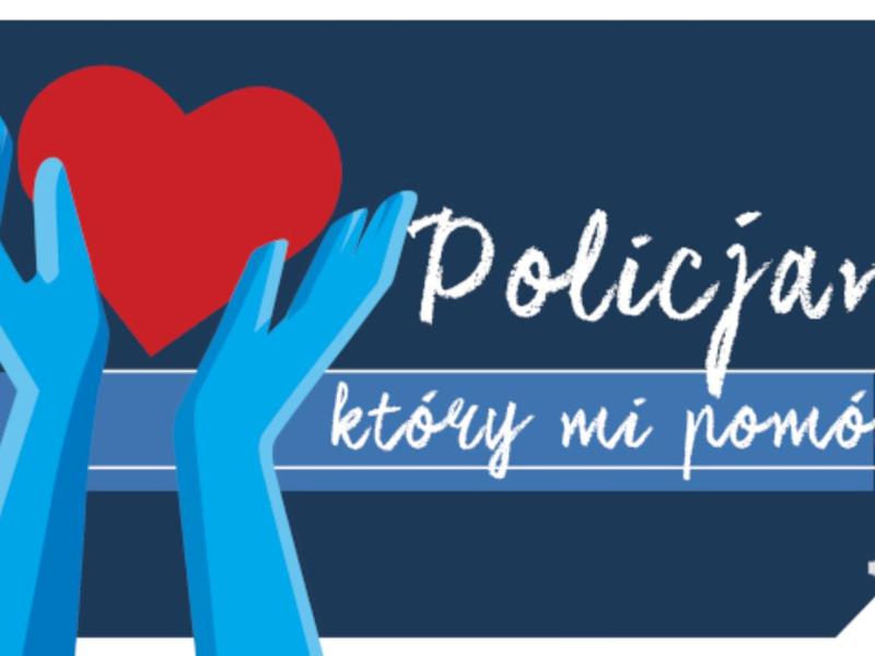 Granatowy plakat z niebieskimi dłońmi trzymającymi czerwone serce, z tytułem konkursu oraz herbem Policji.