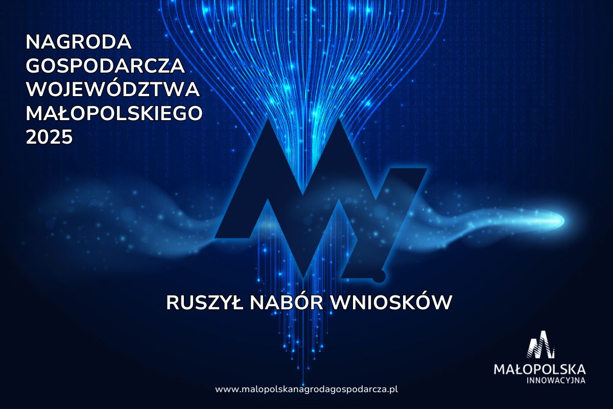 Plakat Nagrody Gospodarczej Małopolski 2025 z futurystycznym, niebieskim tłem, logo i informacją o naborze wniosków.
