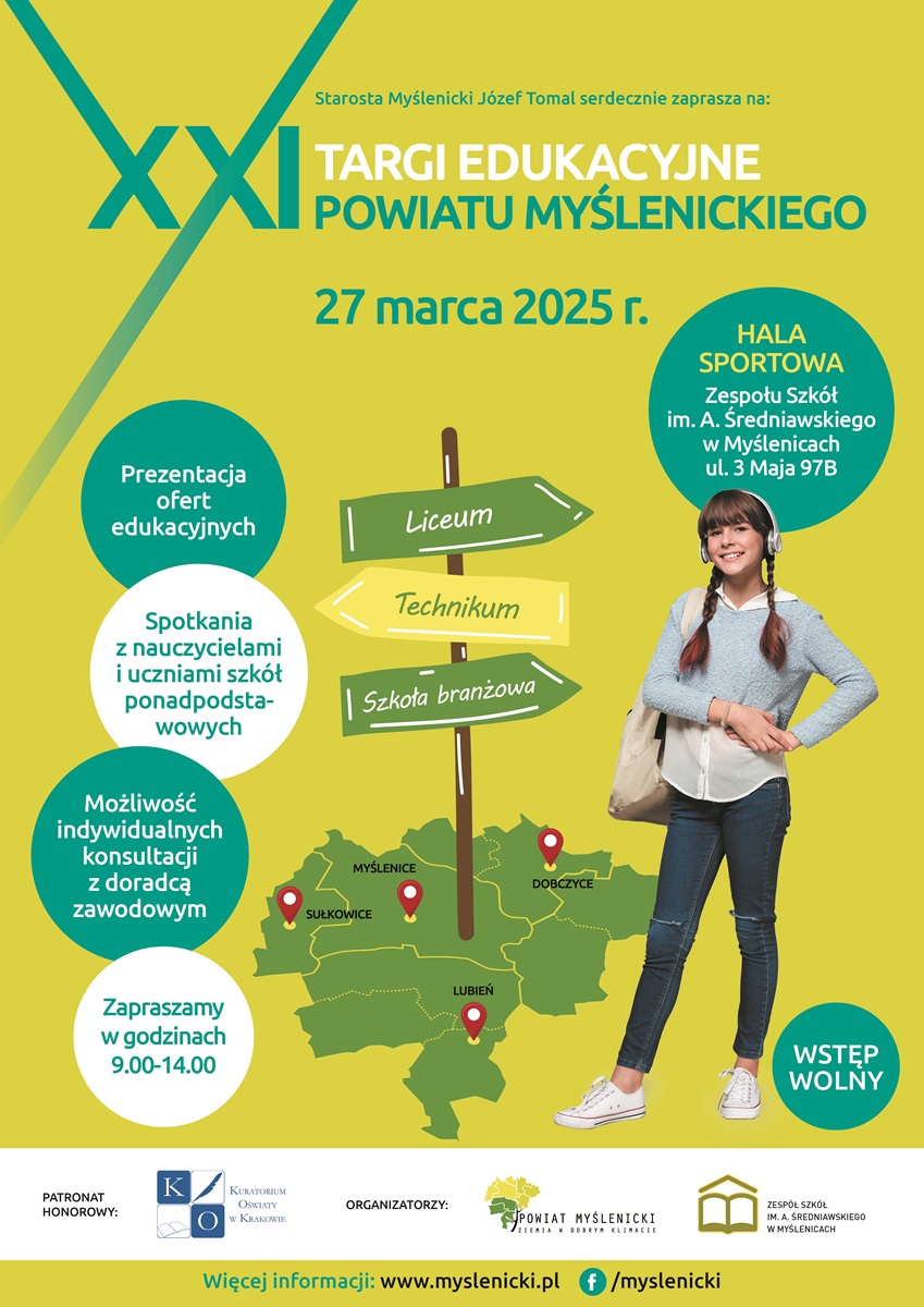Plakat XXI Targów Edukacyjnych Powiatu Myślenickiego z mapą, drogowskazem i informacją o wydarzeniu 27 marca 2025 r. w Myślenicach. Wstęp wolny.