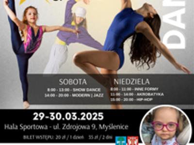 Plakat IV Ogólnopolskiego Turnieju Dance &amp; Acro z tancerkami, akrobatkami i zdjęciem Mii Profic. Informacja o zbiórce i logotypy partnerów.