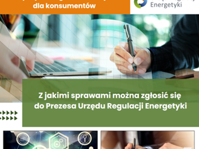 Grafika w pomarańczach, zieleni i bieli promująca kampanię URE nt. sporów i skarg konsumenckich, z motywem dłoni przy pracy biurowej.