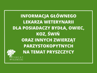 Grafika o zielonym tle, informująca o pryszczycy u zwierząt.