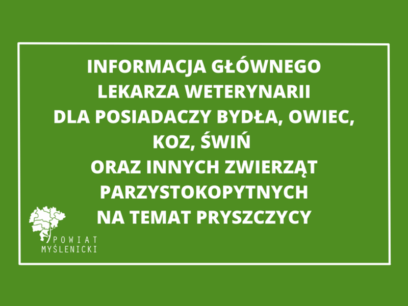 Grafika o zielonym tle, informująca o pryszczycy u zwierząt.