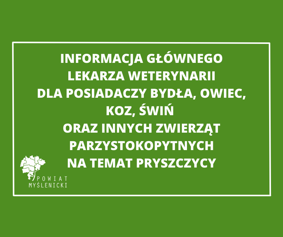 Grafika o zielonym tle, informująca o pryszczycy u zwierząt.