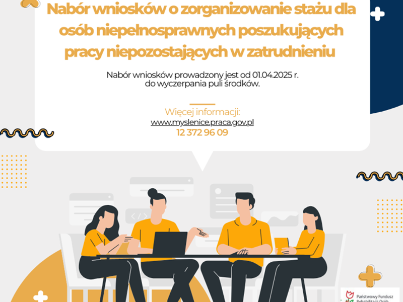 Jasna grafika z rysunkowymi postaciami siedzącymi przy stole. Na górze tytuł naboru oraz informacje.