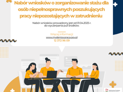Jasna grafika z rysunkowymi postaciami siedzącymi przy stole. Na górze tytuł naboru oraz informacje.