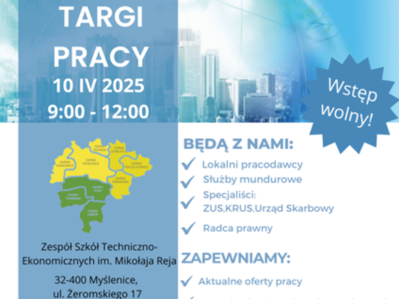 Jasnoniebieska grafika z mapą powiatu myślenickiego oraz logo organizatorów i partnerów w stopce