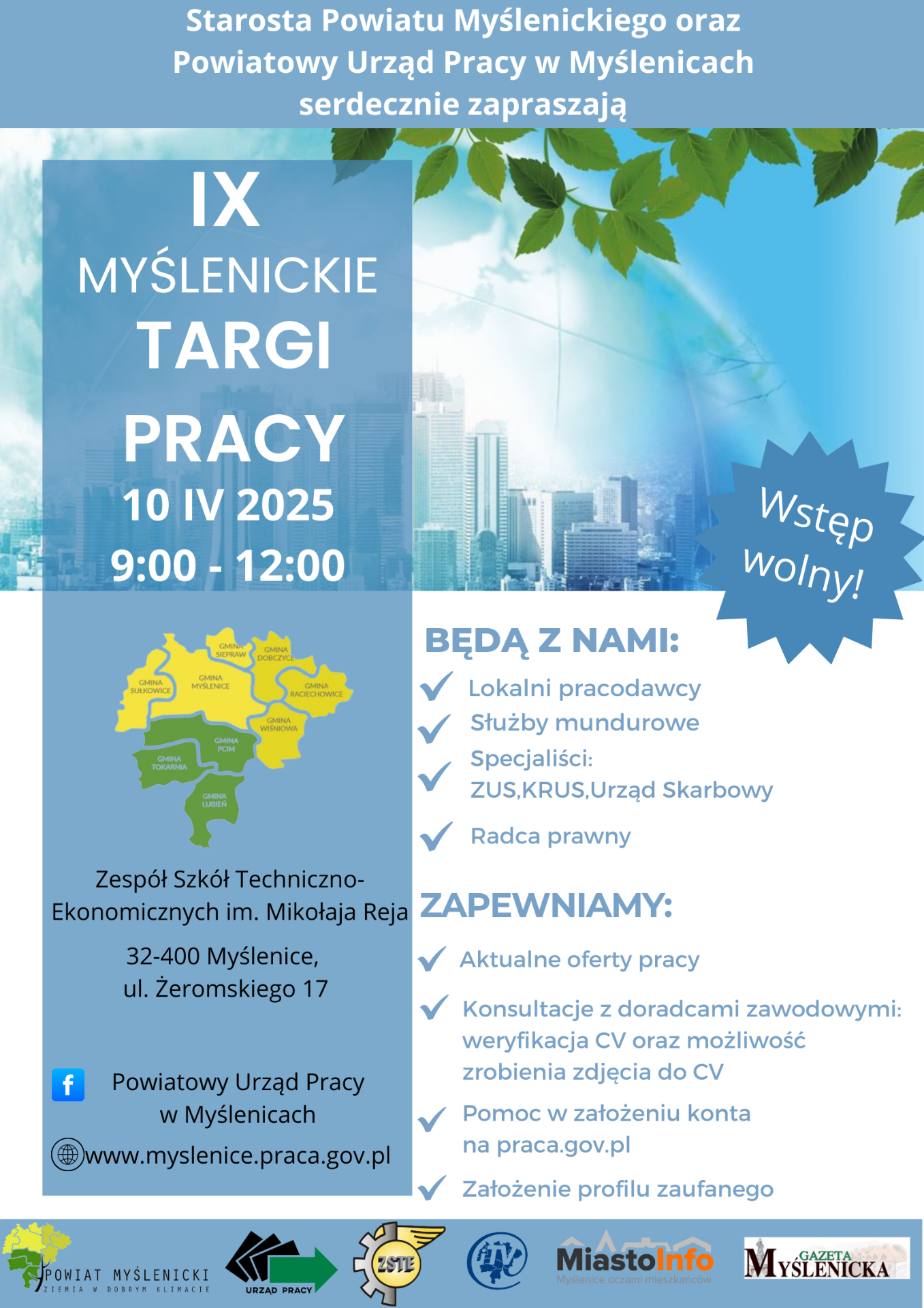 Jasnoniebieska grafika z mapą powiatu myślenickiego oraz logo organizatorów i partnerów w stopce