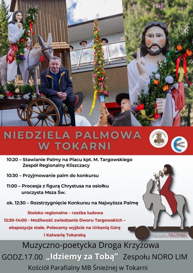 Grafika promująca Niedzielę Palmową w Tokarni z programem wydarzenia, zdjęciami figurki Chrystusa i kolorowych palm.